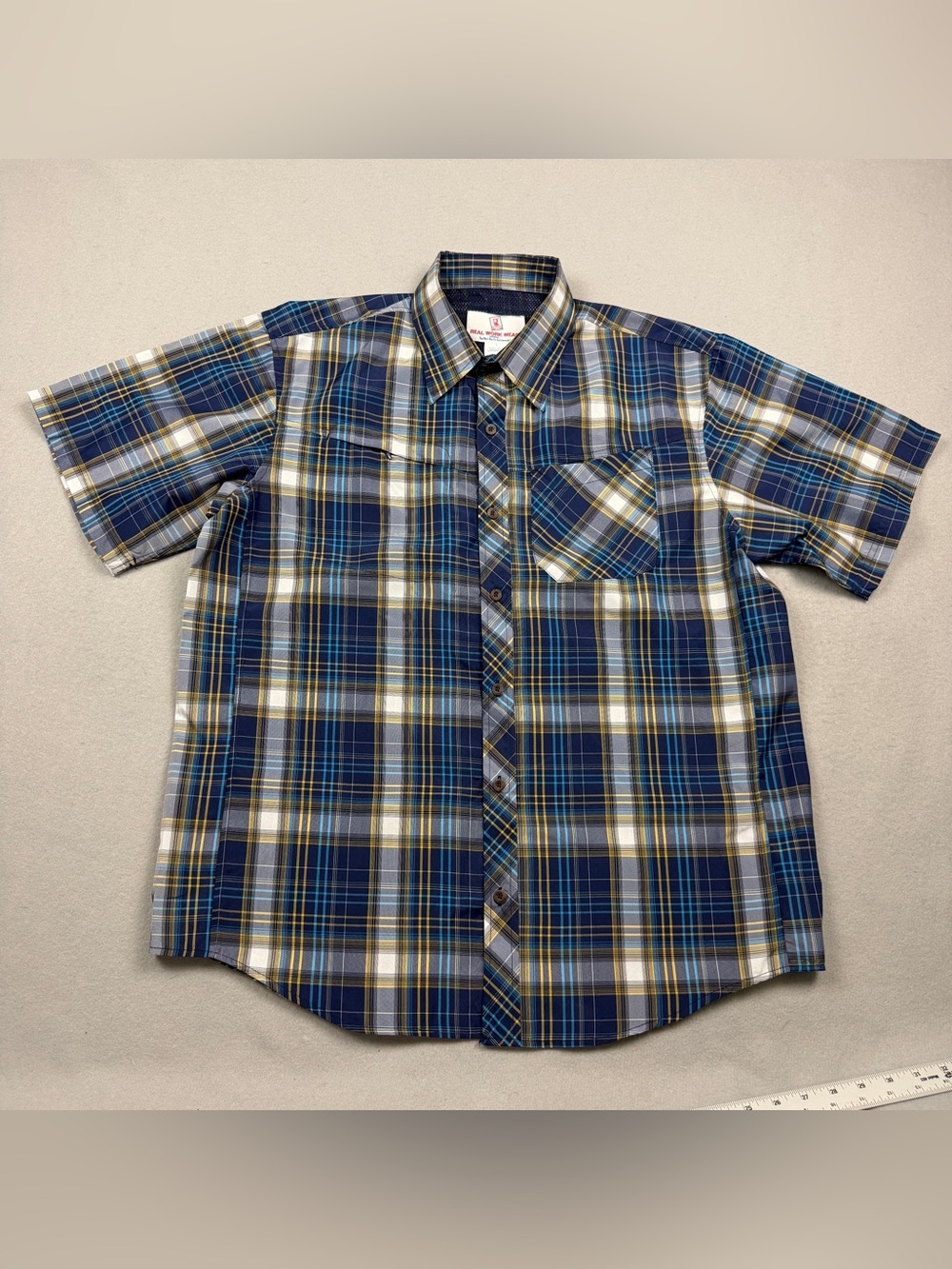 NWT Real Work Wear Men’s Large Short Sleeve Button Down Blue Plaid